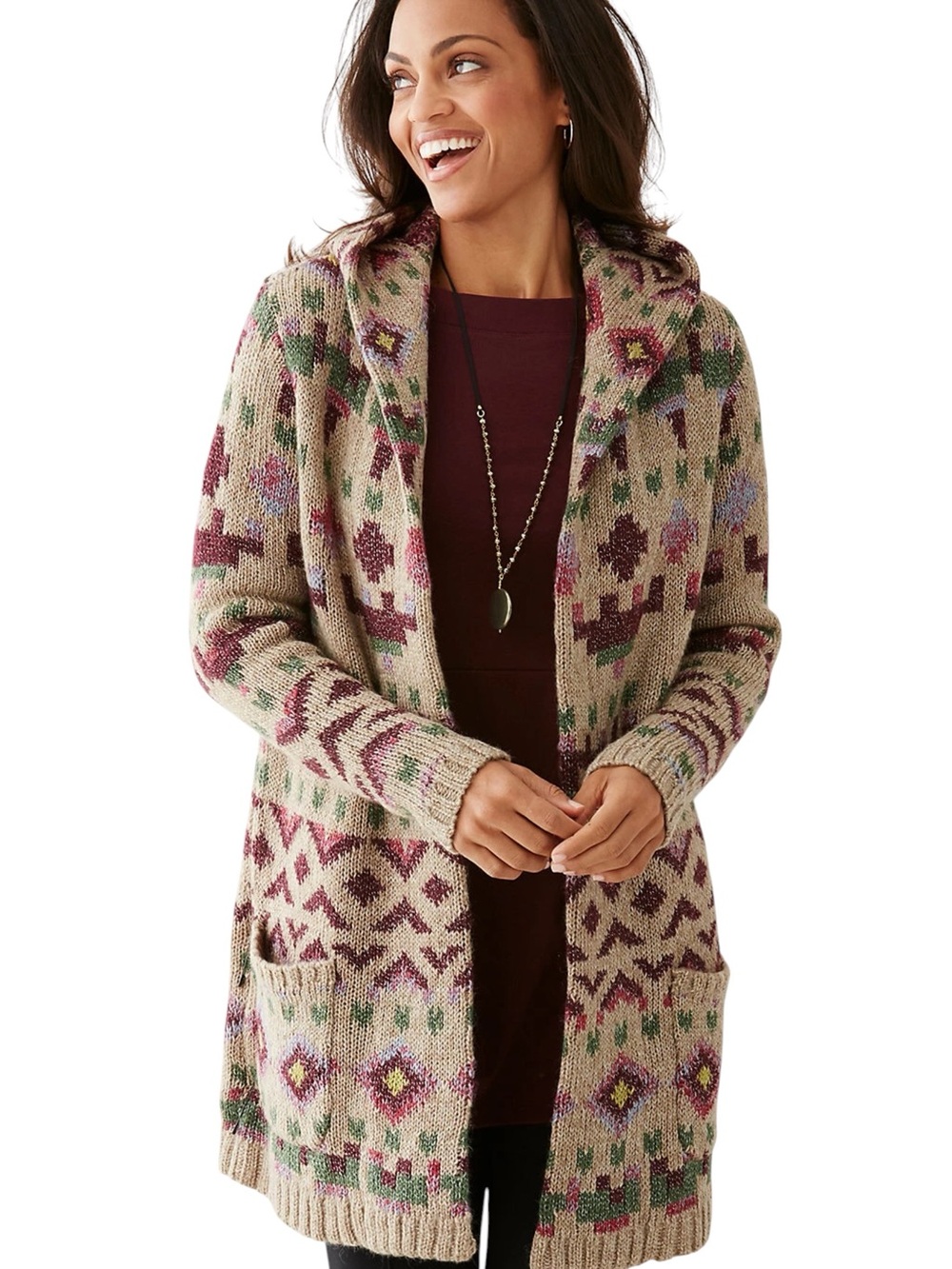 J.Jill Lenox hooded cardigan sweater geometric fair isle relaxed front pockets